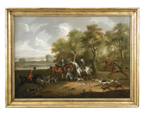 John Nost Sartorius (British, 1759-1828) The end of the chase - a hunting party on the edge of a wood, a distant landscape be