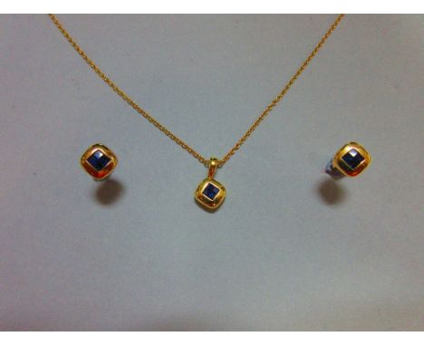 A mystery set sapphire and 18ct gold suite of pendant and earstuds by Wempe, the pendant and each earstud designed as a quart