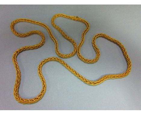 A substantial foxtail link long chain, stamped '750' for 18ct gold, the supple and textured links to a masked box clasp with 