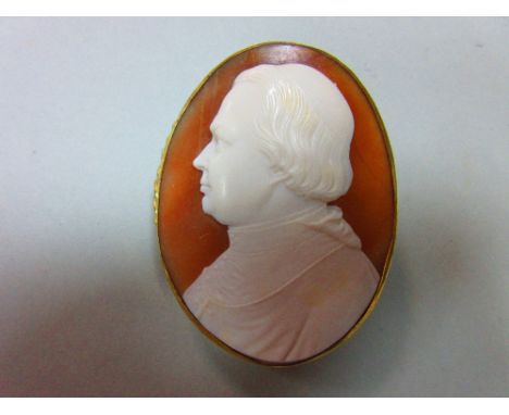 A portrait cameo by Tommaso Saulini, the finely carved shell cameo depicting an unidentified cardinal, signed 'T. Saulini F',