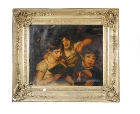 English School (19th Century) A girl teasing her brother with a feather, whilst their sister reads a book, their springer spa