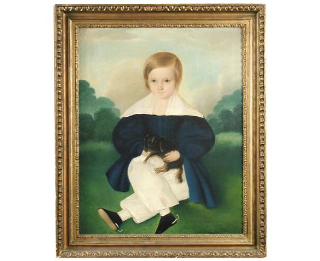 English Provincial School (19th Century) Portrait of a young boy with a King Charles Spaniel puppy in a landscape oil on canv