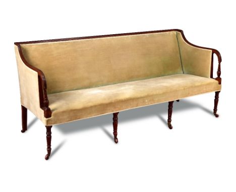 An 18th century mahogany square back sofa, with reeded show wood and open arms, on reeded legs and casters 87 x 191 x 74cm (3