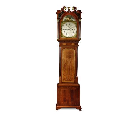 Hill, Sheffield, an early 19th century three train chiming mahogany longcase clock, the hood with swanneck pediment above ver