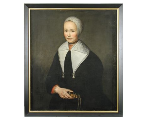 Lucas van de Kaey (Dutch, c.1645-1672) Portrait of a lady, half length, in black with a white cap and collar, holding a Bible