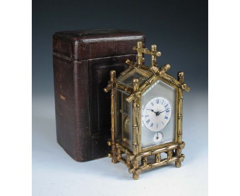 A gilt brass bamboo case carriage clock, circa 1890, with repeat and alarm, silvered platfom lever escapement, gong striking 