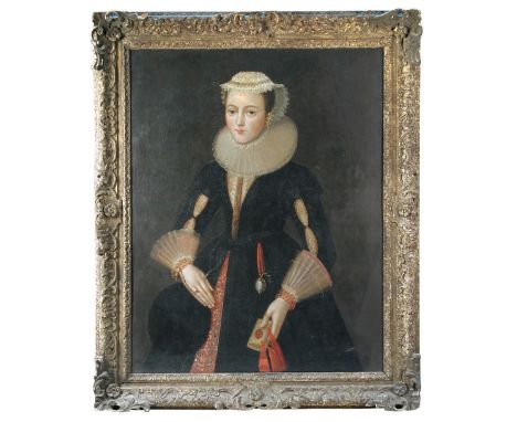 Manner of William Larkin (British, active 1580-1619) Portrait of a lady in a ruff and coral jewellery, holding a prayer book 