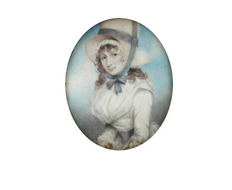 English School (18th Century) Portrait miniature of a Lady wearing a white dress and bonnet with a blue ribbon, 9 x 7cm (3.5 