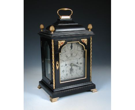 Richard Grove, London, a good small George III ebonised verge bracket clock with pull repeat, the inverted bell top with bras