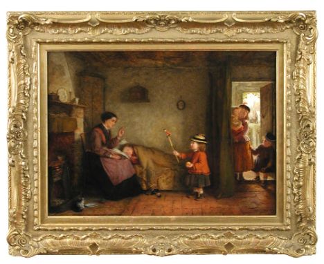 George Hardy (British, 1822-1909) A small girl in red trying to cheer her sick sister with a puppet signed and dated lower ri