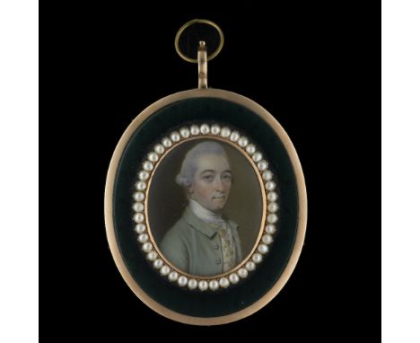 John Smart (British, 1741-1811) Portrait miniature of a gentleman, in a gold frame, the miniature with pearl border and furth