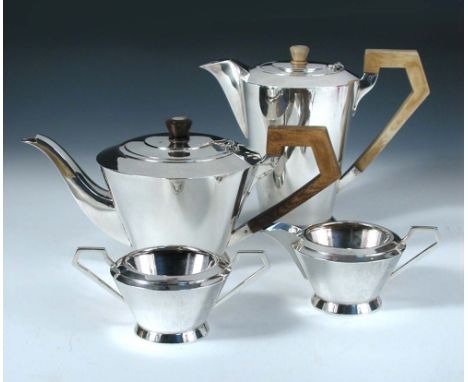 An Art Deco style silver four piece tea set, by The Barker Brothers, Birmingham 1935, comprising a conical teapot with spread