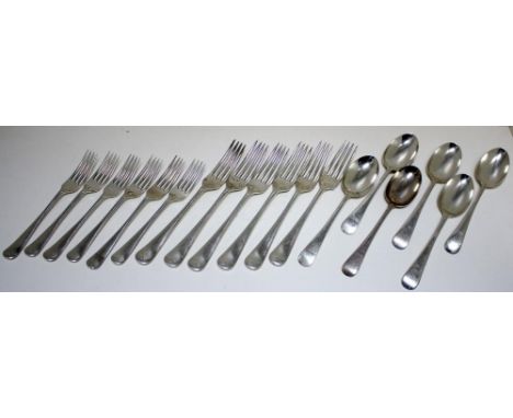 A matched service of silver Old English pattern flatware, comprising:- six table forks by The Atkin Brothers, Sheffield 1932,