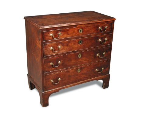 A George III mahogany chest of drawers, four long drawers, crossbanded top and sides, brass swan neck handles, on bracket fee