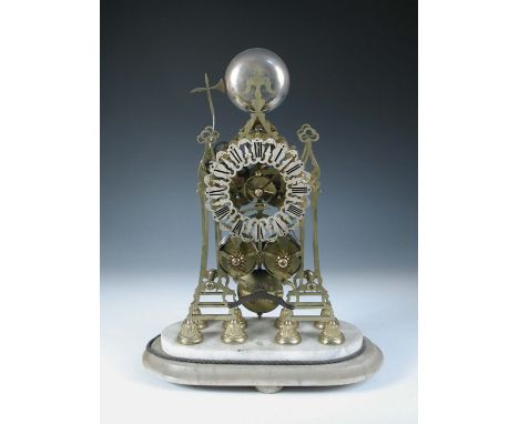 A Victorian brass skeleton clock, the spire top case with bell above pierced silvered chapter ring having Roman numerals, twi