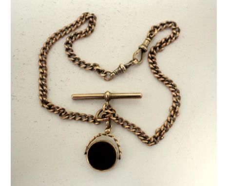 A 9ct yellow gold curblink watch chain, 40.25cm with a seperate T-bat and 9ct framed cornelian/bloodstone swivel seal, 32.2gm