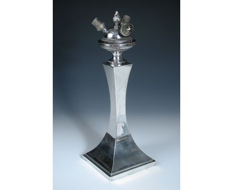 An Edwardian silver table lamp, by Hawkesworth, Eyre & Co, Sheffield 1906, raised on a plain square foot below a square conca