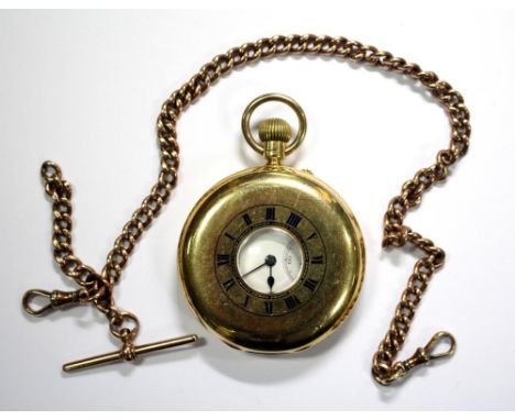 By Knight & Sons - an 18ct gold half hunter cased pocket watch, the white dial printed in black with Roman numerals, subsidia