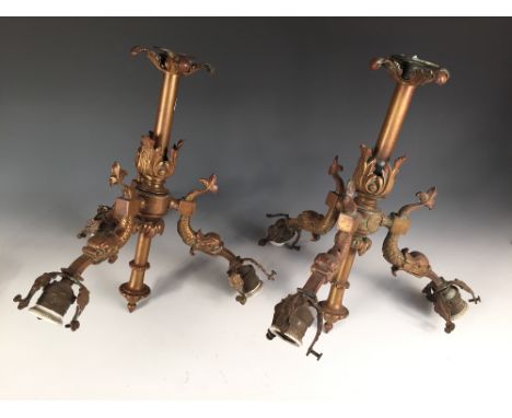 Henry 'Luppens et Cie, Bruxelles, Eclairages Bronzes D'Art', a pair of ceiling lights with glass shades, each foliate mounted