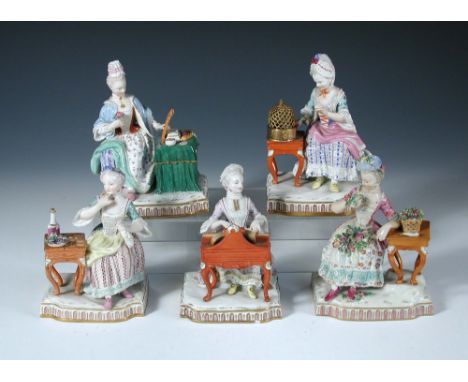 A set of five Meissen ladies seated stimulating their senses, one smelling a rose taken from the basket beside her on a table