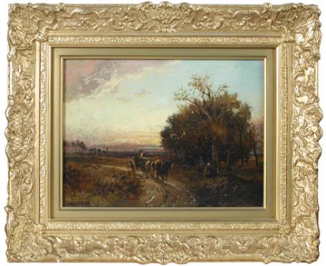 William Manners (British, 1860-1930) The End of the day - a pony and trap going home at sunset signed lower left "W Manners 1