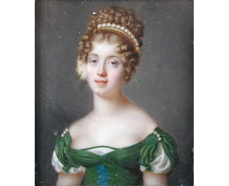 Continental School (early 19th Century) Portrait miniature of a Lady in Empire costume, wearing a green dress with pearls in 