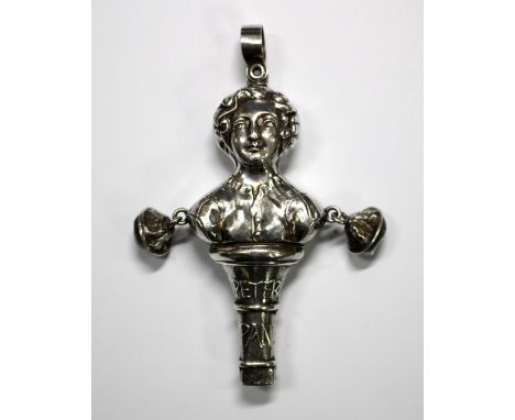 A Victorian silver 'Peter Pan' rattle and teether, by Crisford and Norris, Birmingham 1902, his embossed double sided head an