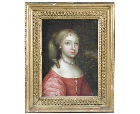 Circle of Sir Peter Lely (British, 1618-1680) Portrait of a lady in a red dress with jewelled bodice, wearing pearls; and Por