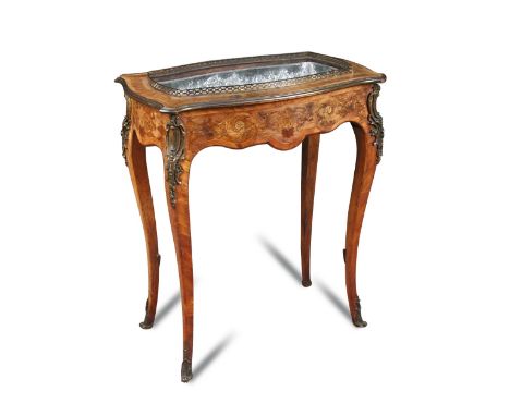 A Louis XV style jardiniere, bearing Edwards & Roberts retail label, marquetry inlaid with brass gallery and tin liner, with 