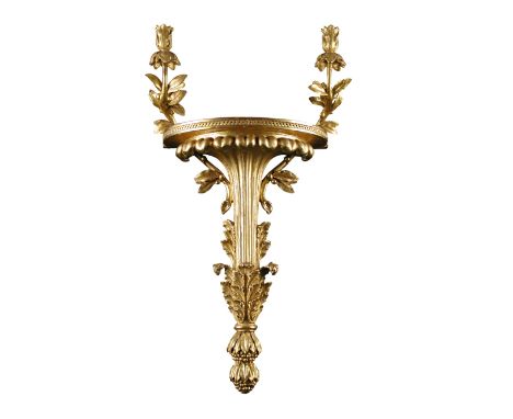 A pair of neo-classical style gilt wood wall brackets, each with twin candle arms and shelf with palmette support 77 x 42cm (