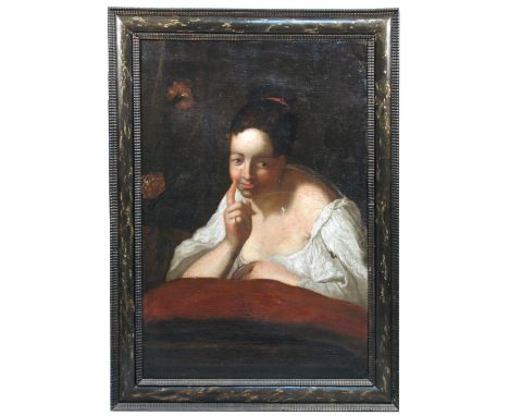 Follower of Jean Raoux (French, 1677-1734) Portrait of a young girl in a white chemise leaning on a cushion oil on canvas 89 