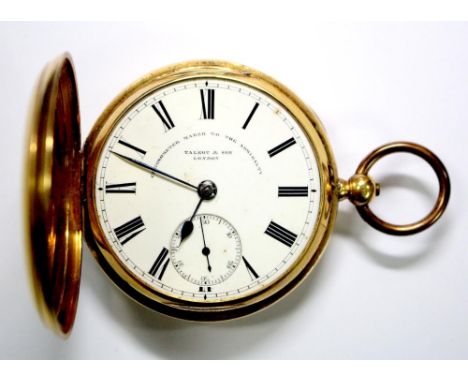 By Talbot & Sons - an 18ct gold full hunter cased pocket watch, the white dial printed with Roman numerals, subsidiary second
