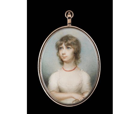 Anne Mee (nee Foldsone) (British, c.1775-1851) Portrait miniature of a young girl, wearing white dress and coral necklace, he