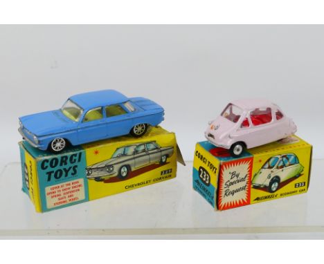 Corgi - 2 x Corgi vehicles a #233 Heinkel Economy car in light pink with red interior, in good to very condition with some li