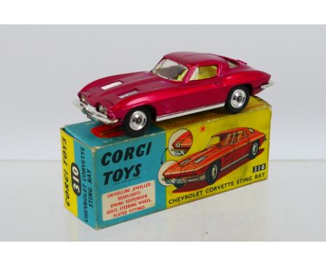 Corgi 310 Chevrolet Corvette Stingray - metallic cerise with a lemon yellow interior, spun hubs, chrome trim (slight loss in 