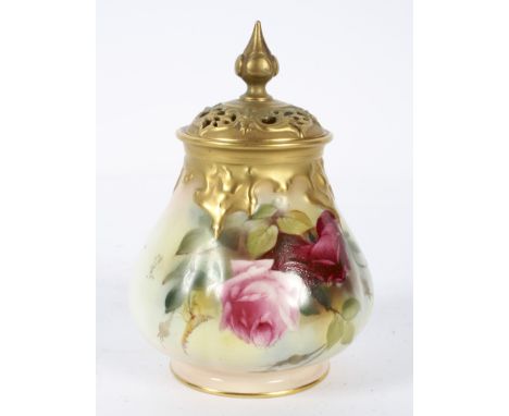 A Royal Worcester blush ivory lobed baluster pot pourri decorated with roses, with pierced pull cover, 17cm high.