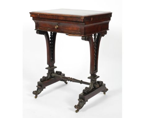 A Victorian rosewood chess table, late 19th century, the hinged top revealing a chessboard in satinwood and rosewood chequers