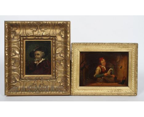19th century Flemish school, Boy reading, oil on board, framed, 25 cm x 18 cm and a 19th century Continental school portrait 