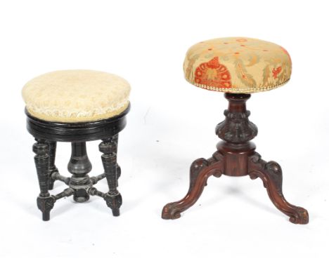 A Victorian walnut piano stool, with adjustable button seat and tripod base, and an aesthetic style button piano stool, with 