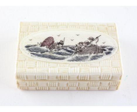 A Victorian carved bone snuff box with hinged scrimshaw top, with figures capsizing in a boat in the sea, 9 cm wide 