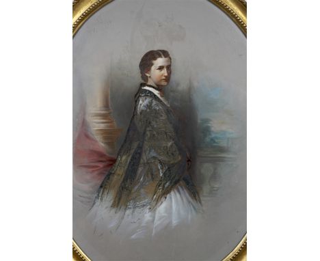 A Victorian watercolour and gouache portrait of a lady standing before balustrading, looking at parkland, within an oval gilt
