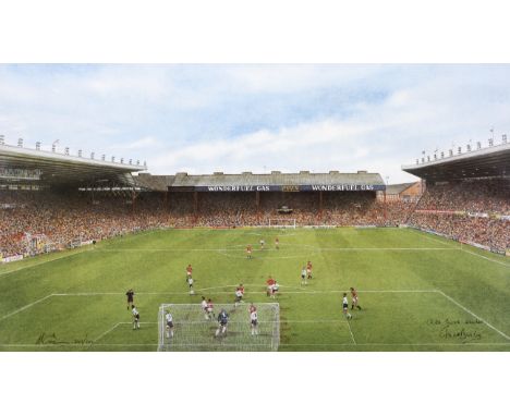 A limited edition signed football print Manchester United Football Club by Michael Ewins, framed and glazed signed by the art