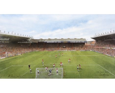 A limited edition signed football print Manchester United Football Club by Michael Ewins, framed and glazed signed by the art