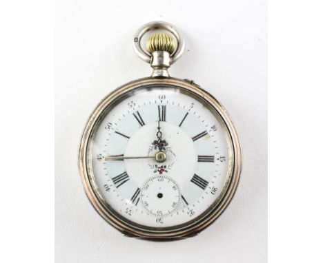An open face pocket watch. White circular dial with roman numerals and floral design. Manual wind movement. Inner case marked