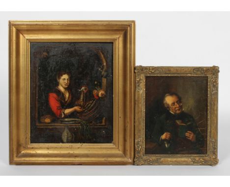 19th century school, Lady in an Interior, perhaps a fish seller, oil on board, framed, 32cm x 26.5 cm and a R. Kainzl (Austri