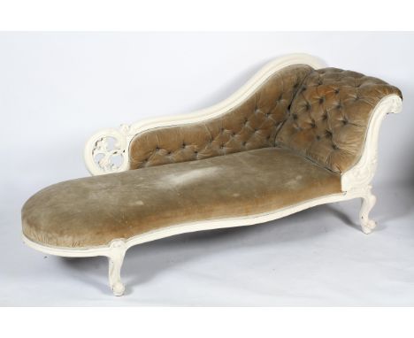 A Victorian white painted chaise longue, with scroll back and button back side rest, upholstered in grey/light brown velvet, 