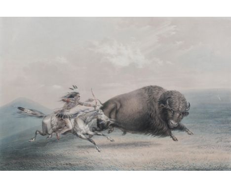 After George Catlin, Native American on horseback hunting a buffalo, colour lithograph, 29cm x 44cm