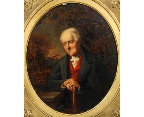 19th century school, oval portrait of a man, seated leaning on a table in tree landscape, possibly attributed to William Duff