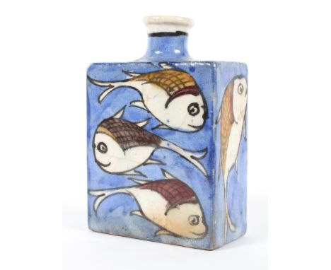 A rare 19th century Iznik Middle Eastern/Persian/Turkish pottery flask or bottle vase; the flask of squared form with a waist