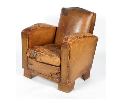 A vintage tan leather club chair in the Art Deco style, on block feet, 87 cm high 